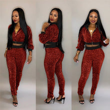 Load image into Gallery viewer, Plus Size Glitter 2 Piece Outfits for Women&#39;s Suit Sequined Streetwear Bomber Jacket Tops and Pants Set Sparkly Casual Tracksuit