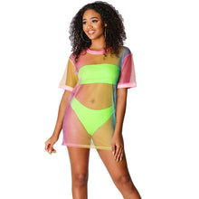 Load image into Gallery viewer, Summer Beach Wear 3 Piece Sets Women Strapless Crop Tops + Shorts + Long T-shirt Dress Sexy See Through Vacation Club Outfits