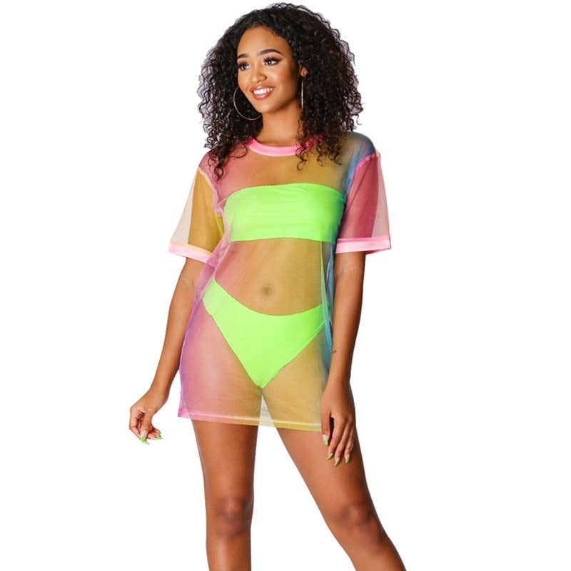 Summer Beach Wear 3 Piece Sets Women Strapless Crop Tops + Shorts + Long T-shirt Dress Sexy See Through Vacation Club Outfits