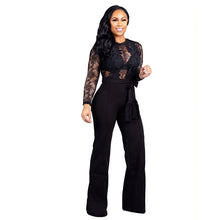 Load image into Gallery viewer, Sexy Black Lace Wide Leg Jumpsuit Women O Neck Long Sleeve Hollow Out Patchwork One Piece Romper Sheer Elegant Party Overalls