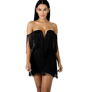 Flapper Tassel Party Dress Women Off The Shoulder Backless Fringe Sexy Little Black Dress Elegant Evening Mini Club Dresses