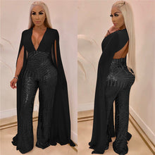 Load image into Gallery viewer, Women Chiffon Split Long Sleeve Sequin Jumpsuit Sexy V Neck Patchwork Loose Wide Leg Romper Evening Sparkly Jumpsuit Overalls