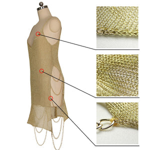 Shiny Summer Women Beach Dress Backless Sexy Gold Iron Chain Cutout Hollow Out Crochet Bodycon Mini Dresses Vestidos Beach Wear