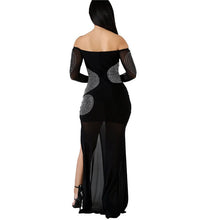 Load image into Gallery viewer, Women Sexy Rhinestone Off The Shoulder Maxi Dress with Sleeves Side Split Mesh Long Black Dress Elegant Evening Party Dresses