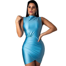 Load image into Gallery viewer, Sexy Elegant Stretch Satin Mini Dress Women Sleeveless Sheath Draped Blue Bodycon Dress Nightclub Short Tight Dresses Robe Femme