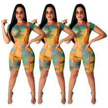 Load image into Gallery viewer, Tie Dye Print 2 Piece Outfits for Women Two Piece Set Crop Top and Shorts Set Sheer Mesh Sexy Club 2 Piece Summer Set Tracksuit