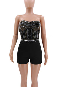 Sexy Sparkly Rhinestone Jumpsuit Shorts Overalls Women Elegant Strapless Birthday Party Playsuits Glitter Sequin Jumpsuit Romper