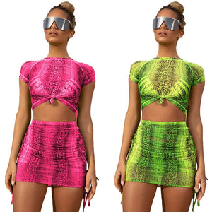 Snake Print Sexy Two Piece Set Women Festival Clothing Bodycon 2 Piece Crop Top and Skirt Set Summer Matching Sets Club Outfits