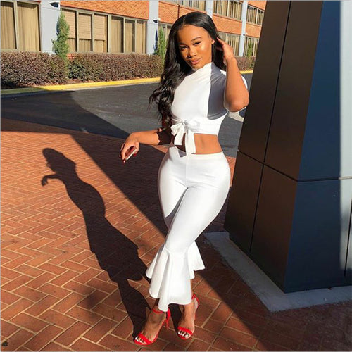 White Two Piece Set Summer Outfits Short Sleeve Bow Tie Up Top and Cropped Flare Pants Suit Fashion Sexy Women Sets