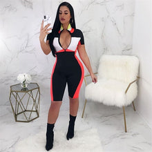 Load image into Gallery viewer, Summer Playsuits Shorts Casual Rompers Sexy V-Neck Front Zipper Striped Bodycon Jumpsuit Fitness Workout Bodysuit Catsuit