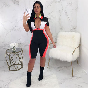 Summer Playsuits Shorts Casual Rompers Sexy V-Neck Front Zipper Striped Bodycon Jumpsuit Fitness Workout Bodysuit Catsuit