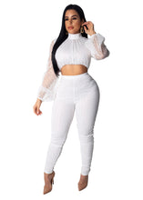 Load image into Gallery viewer, Women Polka Dot White Two Piece Set Sexy Mesh Sheer Lantern Sleeve Crop Top and Zipper Long Pants Suit Clubwear Matching Outfits