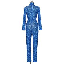 Load image into Gallery viewer, Sexy Blue Sheer Mesh Jumpsuit Rompers Women Autumn Winter Long Sleeve Turtleneck Print Skinny See-through Party Club Overalls