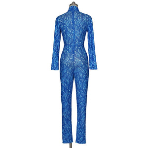 Sexy Blue Sheer Mesh Jumpsuit Rompers Women Autumn Winter Long Sleeve Turtleneck Print Skinny See-through Party Club Overalls