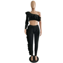 Load image into Gallery viewer, Two Piece Sets One Shoulder Flounce Crop Sweatshirt &amp; Sweatpants for Women Ruffles Long Sleeve Tracksuit Pantsuit