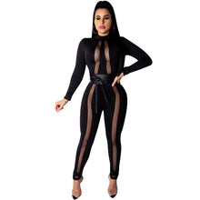 Load image into Gallery viewer, Sexy Bodycon Jumpsuits for Women Clothes Club Jumpsuits Black Transparent Mesh Patchwork Sashes Long Pants Romper Overalls