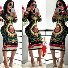 Load image into Gallery viewer, Poker Print Sexy Bodycon Midi Dress Women O-neck Long Sleeve Knee-length Sheath Casual Nightclub Bandage Party Dresses Vestidos