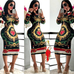 Poker Print Sexy Bodycon Midi Dress Women O-neck Long Sleeve Knee-length Sheath Casual Nightclub Bandage Party Dresses Vestidos