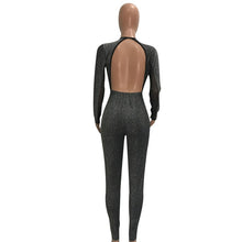 Load image into Gallery viewer, Deep V Neck Glitter Jumpsuit for Women Autumn Winter Mesh Patchwork Long Sleeve Open Back Bodycon Sparkly Romper Party Jumpsuits