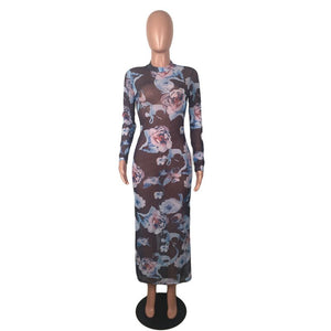 Floral Printed Sexy Sheer Mesh Bodycon Dress Women Autumn Crew Neck Long Sleeve See Through Dress Fashion Sexy Party Dresses