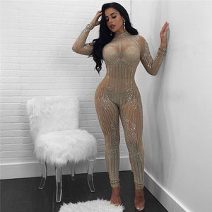 Sexy Bodycon Long Sleeve Sheer Jumpsuits Fashion Mesh Geometric Rhinestone See-Through Romper Sparkly Overalls Combinaison Femme