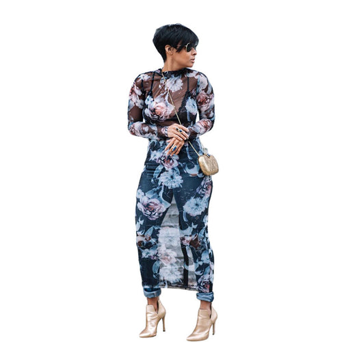 Floral Printed Sexy Sheer Mesh Bodycon Dress Women Autumn Crew Neck Long Sleeve See Through Dress Fashion Sexy Party Dresses