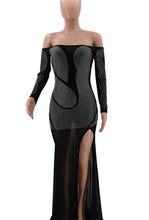 Load image into Gallery viewer, Women Sexy Rhinestone Off The Shoulder Maxi Dress with Sleeves Side Split Mesh Long Black Dress Elegant Evening Party Dresses