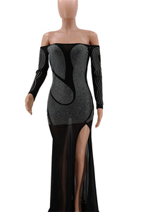 Women Sexy Rhinestone Off The Shoulder Maxi Dress with Sleeves Side Split Mesh Long Black Dress Elegant Evening Party Dresses