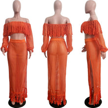 Load image into Gallery viewer, Fringed Tassel Summer Beach Dress Women Sexy Off Shoulder Maxi Dress Long Sleeve Boho Knit Crochet Hollow Out Party Long Dress