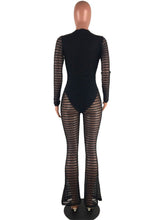 Load image into Gallery viewer, New Sexy Striped Sheer Mesh Jumpsuit with Lining Women Long Sleeves Deep V- Neck Wide Leg Romper Clubwear Party Overalls Leotard