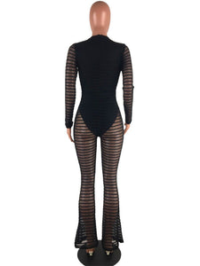 New Sexy Striped Sheer Mesh Jumpsuit with Lining Women Long Sleeves Deep V- Neck Wide Leg Romper Clubwear Party Overalls Leotard