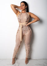 Load image into Gallery viewer, Backless Criss Cross Bandage Jumpsuit Women Mesh Sheer Sleeveless Geometric Sequin Romper Christmas Nightclub Sparkly Overalls