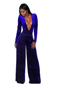 Women Velvet Jumpsuit Autumn Winter Sexy Deep V-Neck Glitter Long Sleeve Rompers Evening Loose Wide Leg Jumpsuit Female Overalls