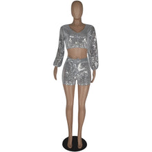 Load image into Gallery viewer, Sexy Party Club Sequin Two Piece Set Women 2 Piece Outfits Crop Top Shorts Set Festival Clothing Summer Matching Women Sets