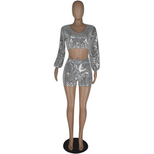 Sexy Party Club Sequin Two Piece Set Women 2 Piece Outfits Crop Top Shorts Set Festival Clothing Summer Matching Women Sets