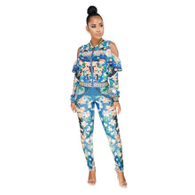 Load image into Gallery viewer, Plus Size Sweat Suits Women Tracksuit Set Cold Shoulder Ruffle Zipper Jacket and Pant Ladies Leisure Suit Floral Two Piece Set