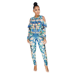 Plus Size Sweat Suits Women Tracksuit Set Cold Shoulder Ruffle Zipper Jacket and Pant Ladies Leisure Suit Floral Two Piece Set