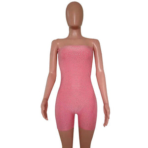 Sexy Rompers Womens Jumpsuit Party Clubwear Strapless Sparkly Rhinestone Bodysuit Pink Bodycon Bandage Jumpsuit Short Playsuit