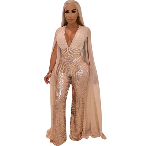 Women Chiffon Split Long Sleeve Sequin Jumpsuit Sexy V Neck Patchwork Loose Wide Leg Romper Evening Sparkly Jumpsuit Overalls