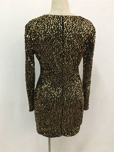 Long Sleeve Gold Sequin Dress Sexy V-Neck Sheath Beaded Sparkly Party Dresses Nightclub Christmas Vestidos