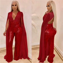 Load image into Gallery viewer, Women Chiffon Split Long Sleeve Sequin Jumpsuit Sexy V Neck Patchwork Loose Wide Leg Romper Evening Sparkly Jumpsuit Overalls