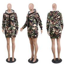 Load image into Gallery viewer, Camouflage Hooded Sweatshirt Dress Women Long Sleeve Short Dress Pullover Pockets Front Casual Day Dresses Ladyes T Shirt Dress