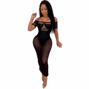 Women Black Sheer Mesh Dress Sexy Night Club Dresses Off the Shoulder See Through Ankle-length Long Party Exotic Dresses Female