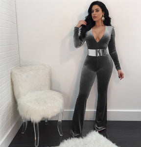 Velvet Jumpsuits Long Sleeve Sexy V-Neck Elegant Overalls Ladies Wide Leg Pants Party Club Rompers Plus Size