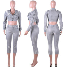 Load image into Gallery viewer, Sexy Glitter Two Piece Sets Women Turn-down Collar Long Sleeve Bomber Jacket Top and Ankle-Length Pants Suit Matching Outfits