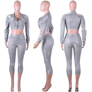 Sexy Glitter Two Piece Sets Women Turn-down Collar Long Sleeve Bomber Jacket Top and Ankle-Length Pants Suit Matching Outfits