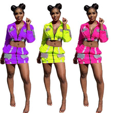 Load image into Gallery viewer, Neon Color Two Piece Skirt Set Women Pockets Zipper Long Sleeve Crop Top and Mini Skirts Suit Sexy 2 Piece Outfits Clubwear