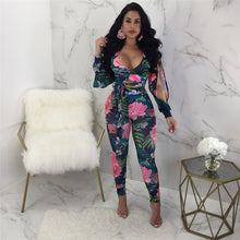 Load image into Gallery viewer, Floral Print Two Piece Set Summer Sexy Split Long Sleeve V Neck Bandage Top and Bodycon Pant Set Women Party Two Piece Outfits