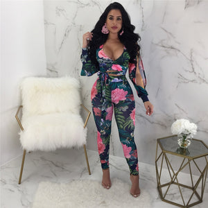 Floral Print Two Piece Set Summer Sexy Split Long Sleeve V Neck Bandage Top and Bodycon Pant Set Women Party Two Piece Outfits