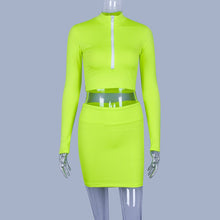 Load image into Gallery viewer, Neon Green Two Piece Skirt Set Women Zipper Collar Long Sleeve Crop Top and High Waisted Mini Skirt Club Wear 2 Piece Outfits